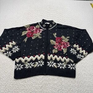 Talbots Women's Cardigan Knitted By Hand Full Zip Vintage Fair Isle Floral PL